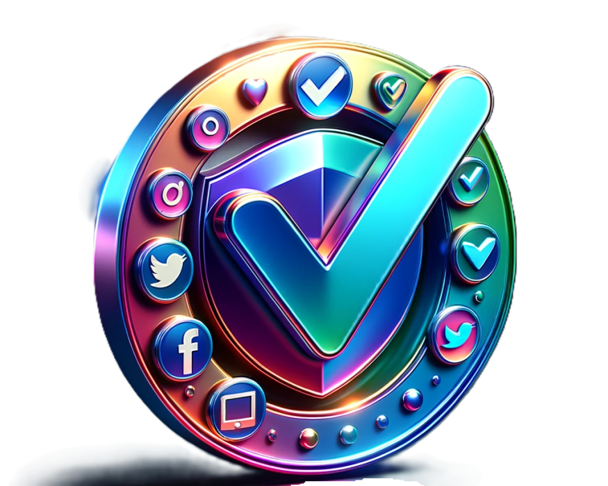 DALL·E 2024-06-06 20.08.25 - A 3D icon to represent social media verification, similar in style to the attached images. The icon should have a glossy, iridescent finish with vibra